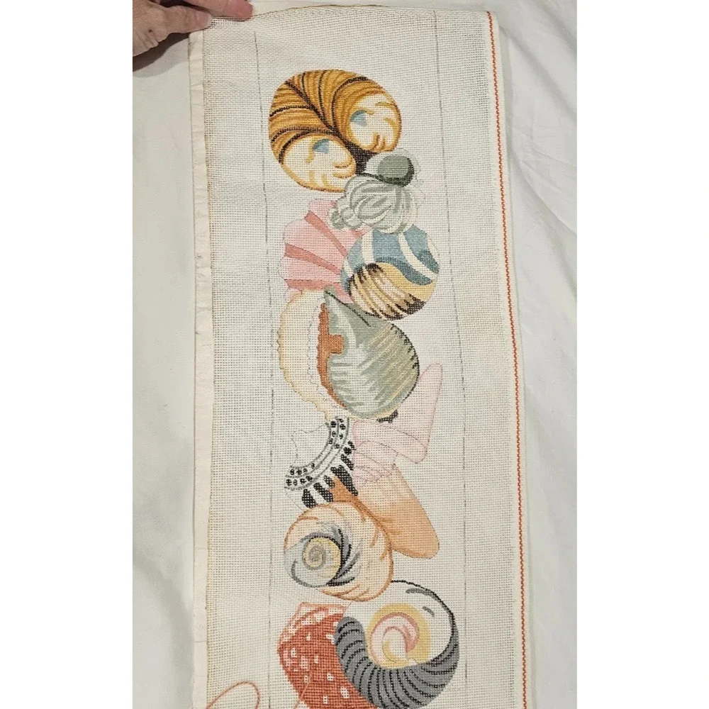 Vintage Project WIP Needlepoint Shell Wall Hanging Coastal Banner Table Runner